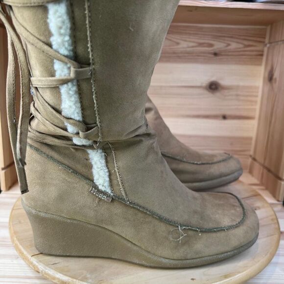 Mudd Brown Canvas Faux Fur Boots Womens Size 10 - Picture 1 of 7